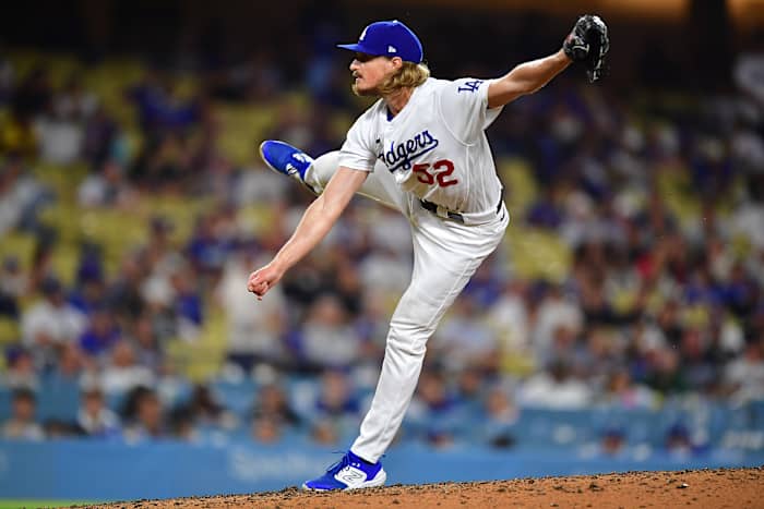 Los Angeles Dodgers relief pitcher Phil Bickford throws against the Toronto Blue Jays. (2023)